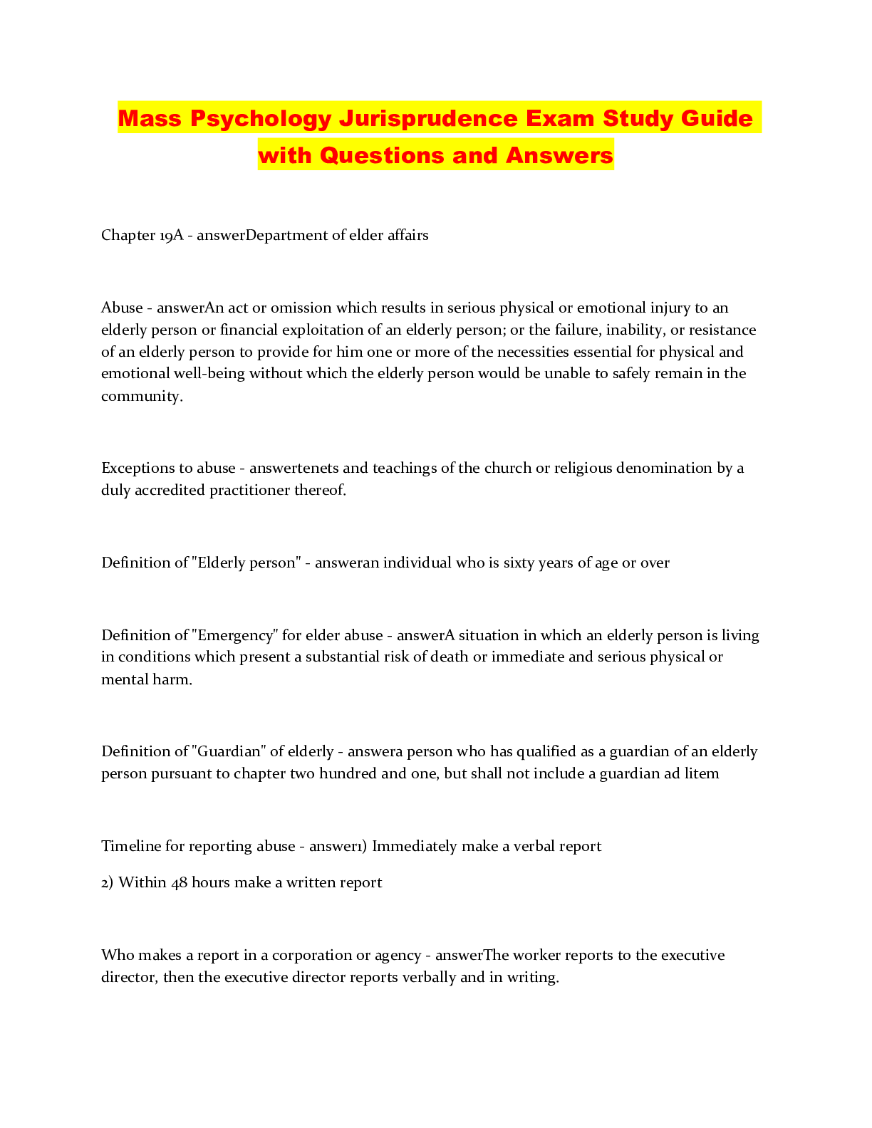 Mass Psychology Jurisprudence Exam Study Guide with Questions and